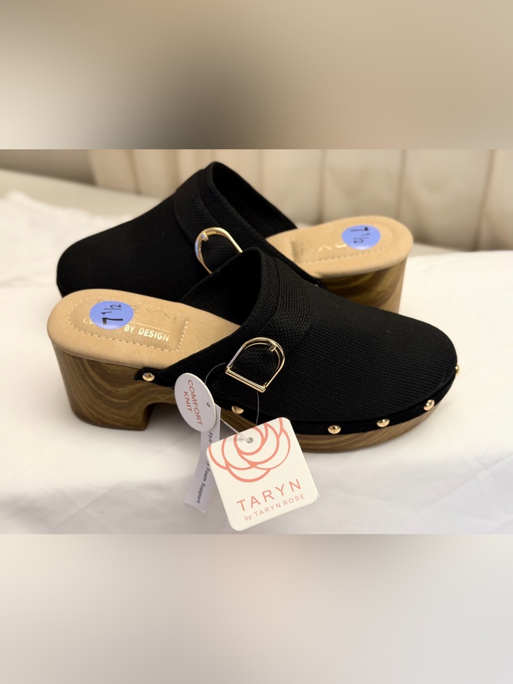 Taryn Rose Black Knit Clog Mule with Wood-Effect Heel & Gold Buckle